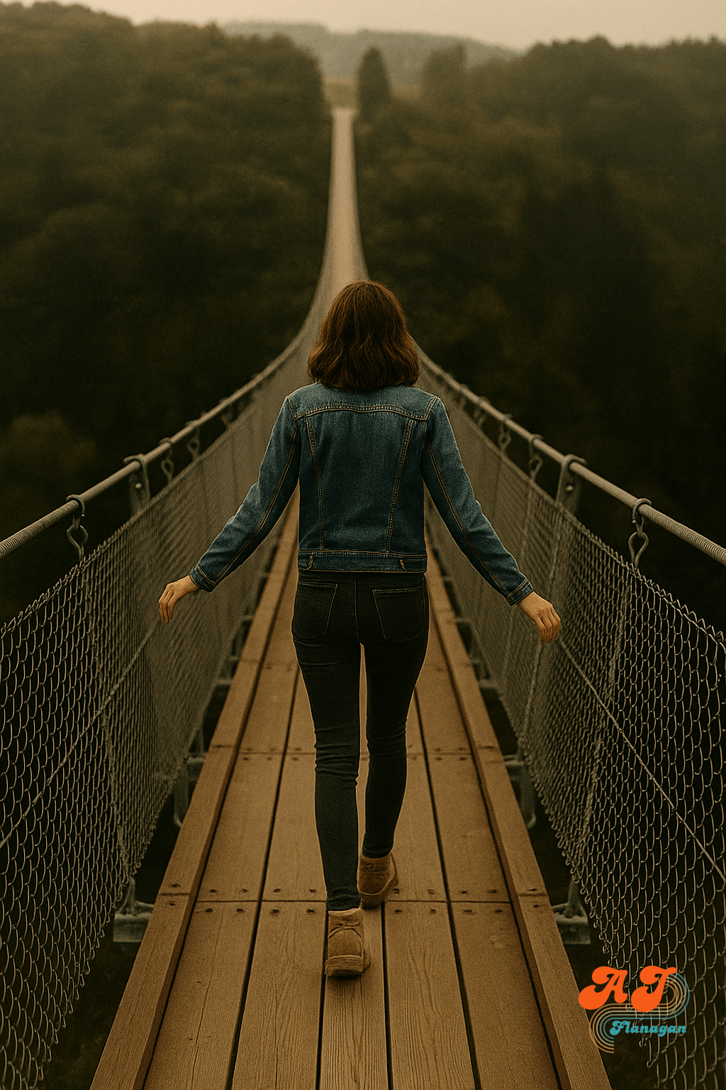  Woman walking along a narrow bridge