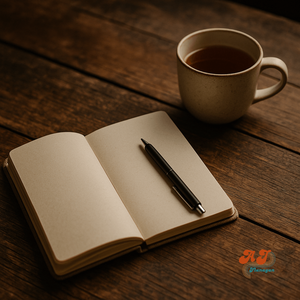  A journal and a cup of tea on a rustic table