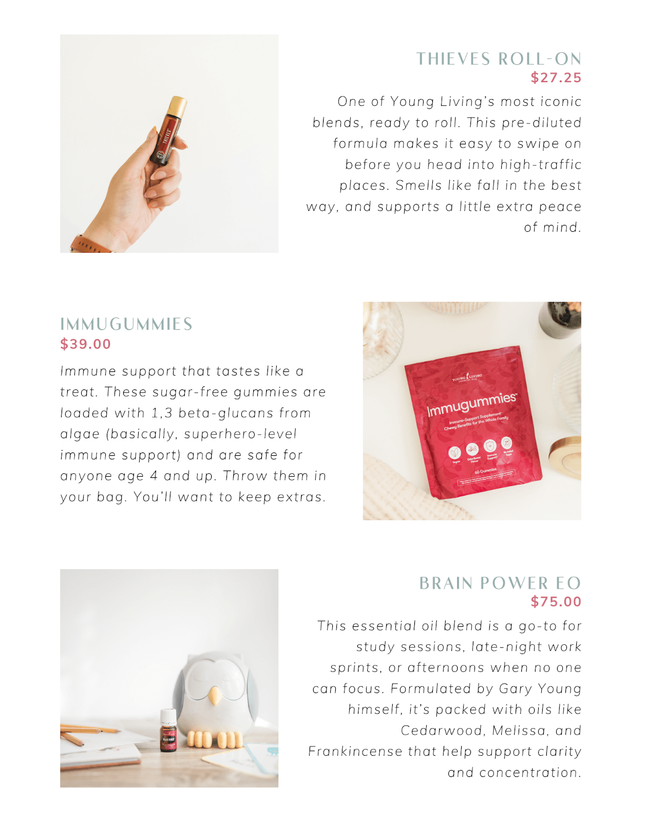  A collection of Young Living’s products including Thieves Roll-On, ImmuGummies, and Brain Power EO