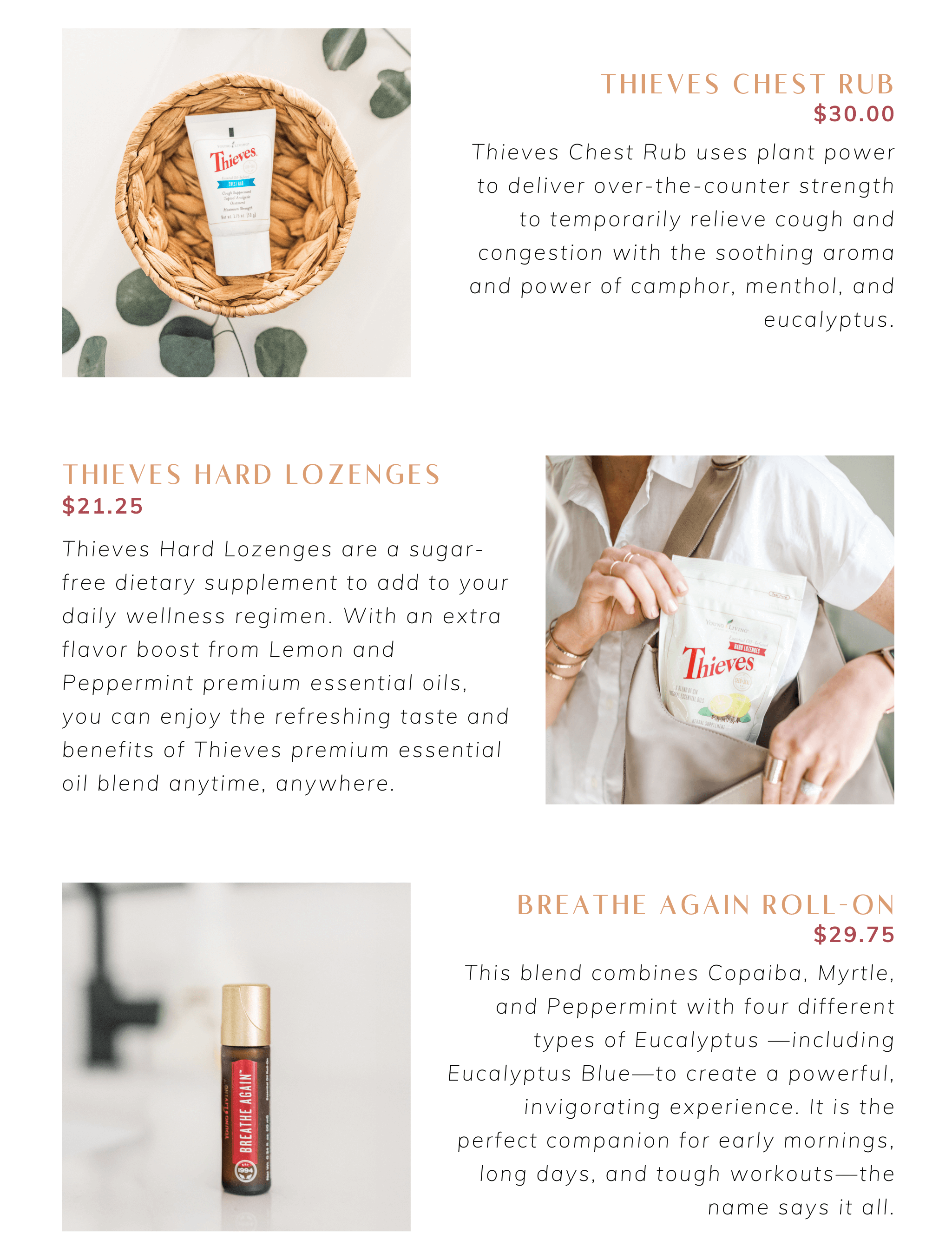  Thieves Chest Rub, Thieves Lozenges, Breathe Again Roll-On INfo graphic