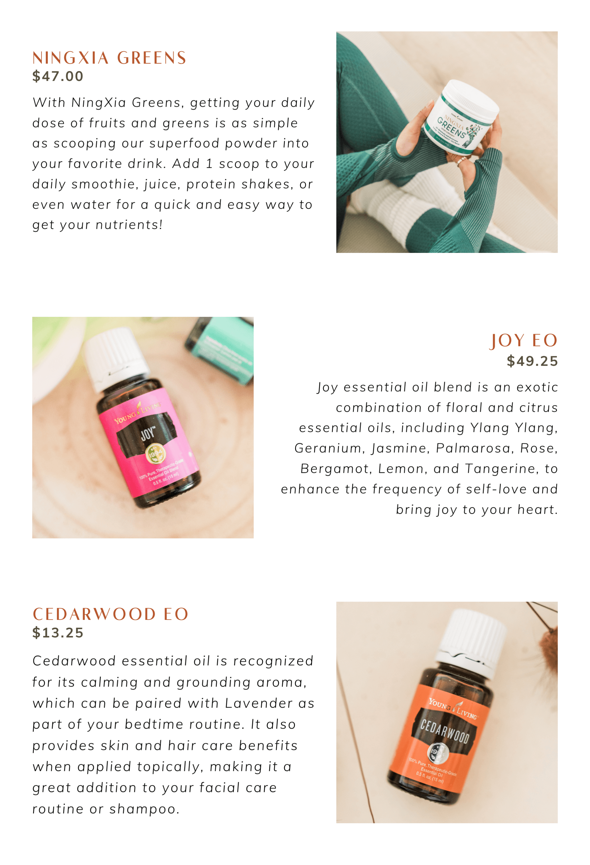  NingXia Greens, Joy EO, and Cedarwood EO info graphics