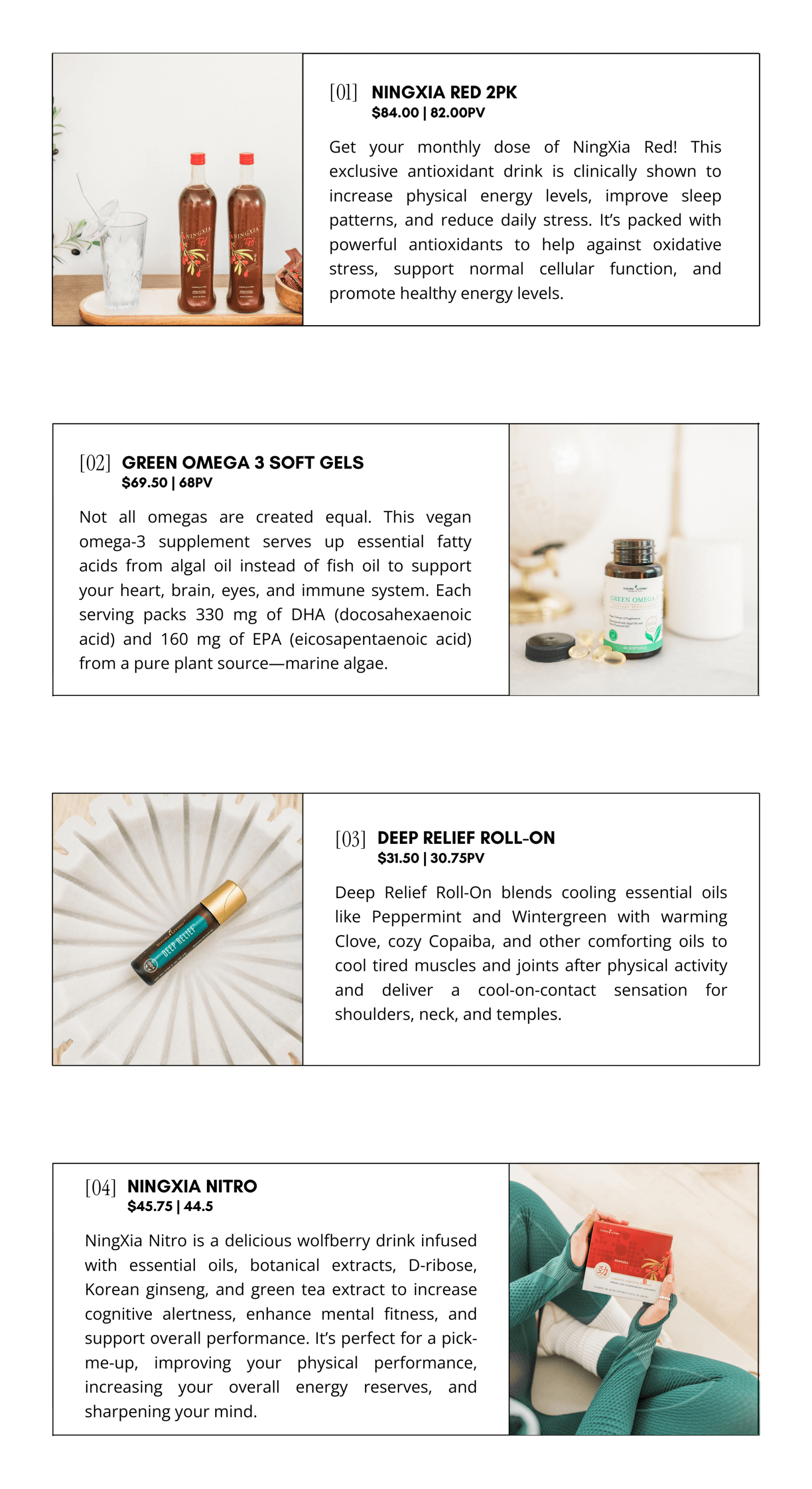 NingXia, Green Omega 3, Deep Relief, and Nitro breakdown 