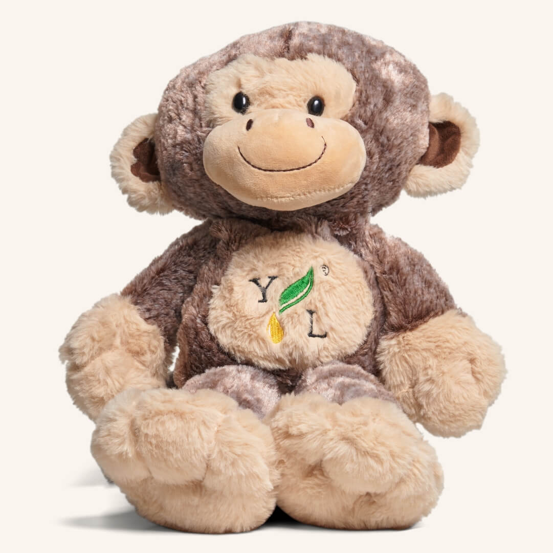  Stuffed monkey plush with essential oils arranged in a warm seasonal scene, highlighted on the House of Dawning Seasonal Wellness Shop.