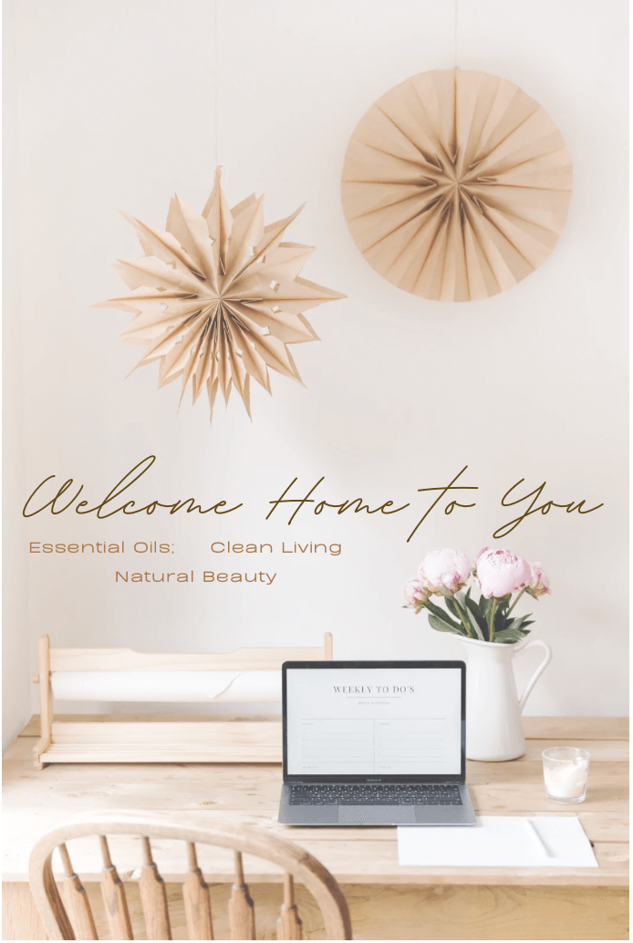 Calm neutral home workspace with laptop, soft sunrise light, natural textures, and ‘Welcome Home to You’ text — House of Dawning Tip Tuesday™ wellness inspiration.