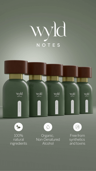  Wyld Notes™ Original Collection — holiday promotional graphic for curated botanical fragrances; winter scene with green bottles and snow. 20% off sale.
