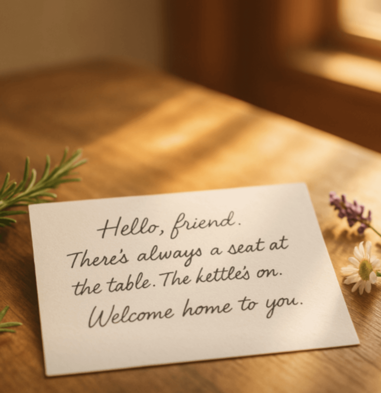 Handwritten note on a sunlit wooden table surrounded by rosemary, lavender, and daisies reading: ‘Hello, friend. There’s always a seat at the table. The kettle’s on. Welcome home to you.