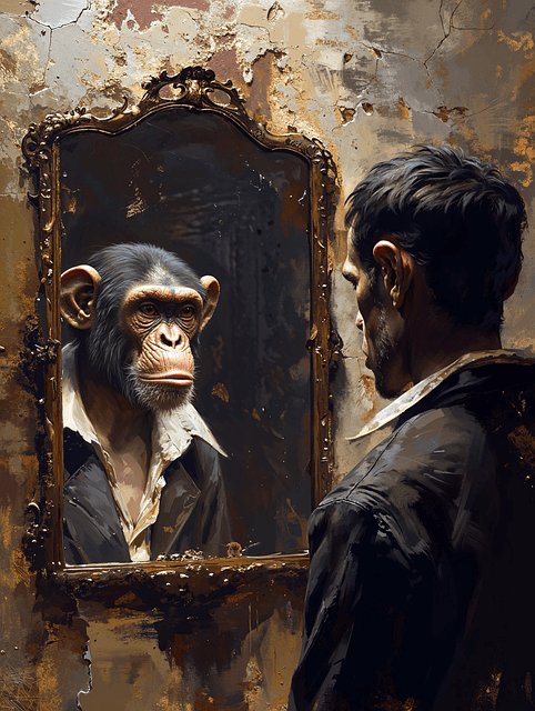 man looking in mirror sees monkey instead of self